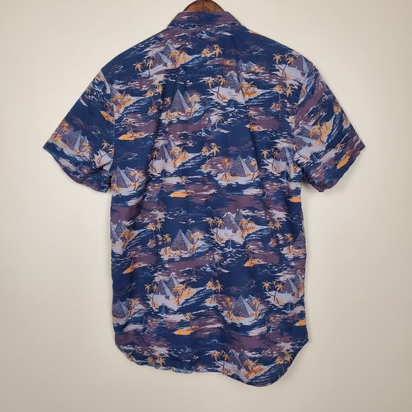 Quicksilver Navy Purple Orange Hawaiian Print Buttondown Shirt Mens Medium - Picture 2 of 5